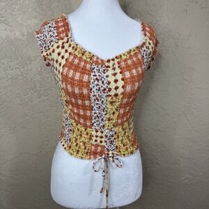 Womens Smocked Floral Crop Top Ruffle Stretch Cute Festival Cottagecore Jr. Lg